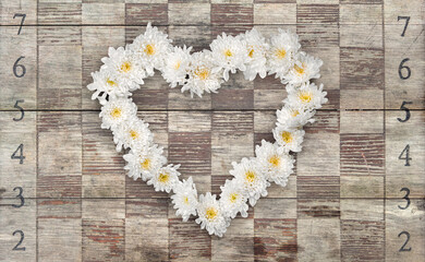 White Flowers Heart on Wooden Old Chessboard. Valentines Day and Love Wallpaper Background. File with Clipping Path.
