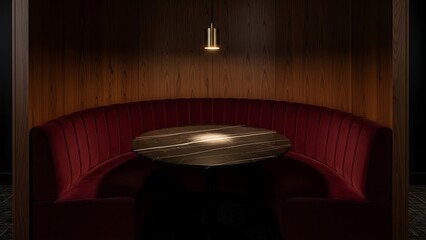 Luxurious dark wood booth with red velvet seating and marble table in a dimly lit restaurant.