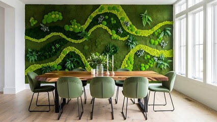 Modern Dining Room with a Lush Green Moss Wall Art and Wooden Table.