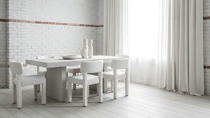 Modern white dining room interior with large window and white curtains.