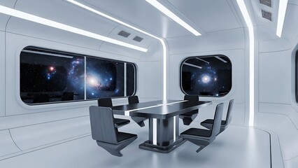 Futuristic spaceship interior with a modern meeting room and large windows showing outer space.