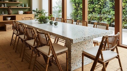Elegant Dining Room with Large Terrazzo Table and Chairs, Natural Light.