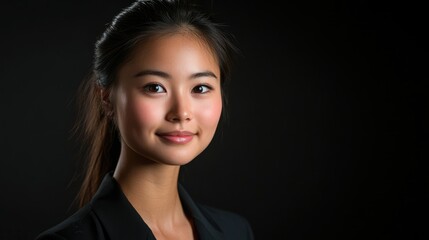 Studio portrait of a young beautiful model looking Asian woman on black background with copy space