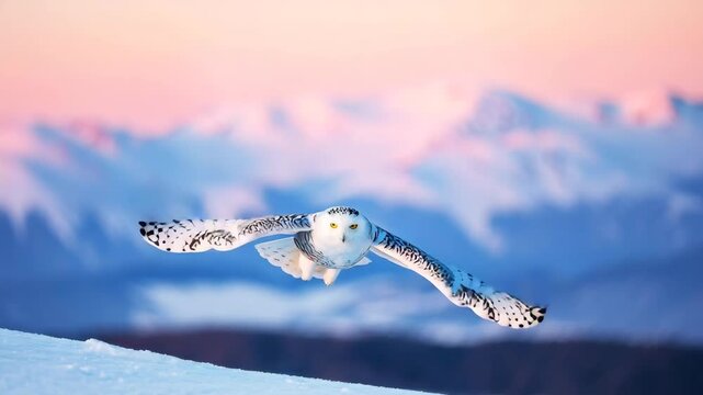 Snowy owl flying with wide wings over a cold mountain landscape at soft sunrise light. Peaceful wildlife scene expressing freedom, focus, vision, silence, and harmony in winter nature