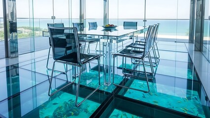 Modern glass dining room with ocean view and underwater floor.