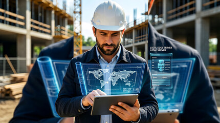 Civil engineer reviewing AR blueprints on tablet at construction site - edge computing and ConTech