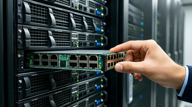 Blade server installation in a modern data center - edge computing and cloud technology - Powered by Adobe