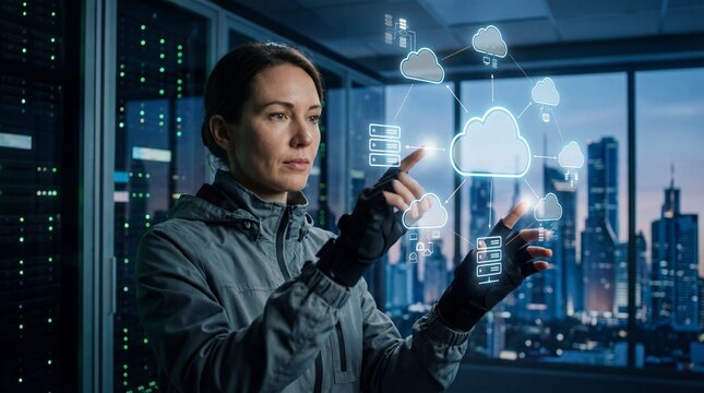 Woman interacting with digital cloud network interface in modern data center with city view.
 - Powered by Adobe