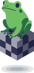 Green frog sitting on a checkered cube