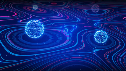 Glowing quantum spheres floating in an abstract energy field with curved neon lines. Ideal for AI, tech, and futuristic data concepts. Technology abstract background 3d rendering