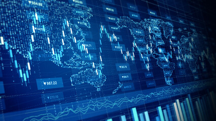 Digital candlestick chart over a world map in blue. Ideal for finance, trading, stock analysis, and investment backgrounds. 3d Rendaring