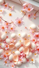 Floating pastel blossoms cascade over delicate egg shells in a serene, ethereal top-down tableau, Easter,  ethereal