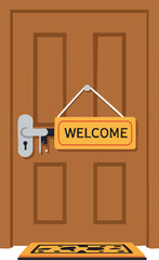 A welcoming door with a sign and mat