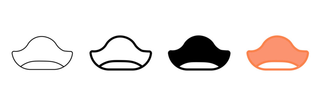 Set of minimalist pirate hat icons with transparent background, depicting captain's tricorn hats for costume designs, marine themes, and historical events, vector illustration
