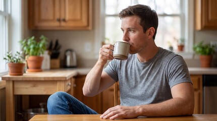 Young Man Enjoying Morning Coffee in a Cozy Home Kitchen