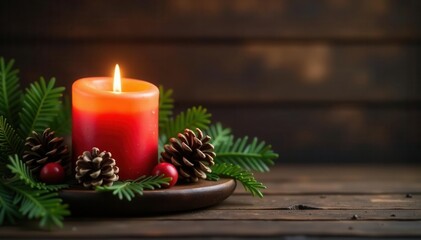 Burning candle, adorned with festive greenery & pine cones, wooden backdrop , december, wood, cozy