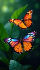Two vibrant tropical butterflies in flight, wings outstretched , nature photography, close-up, wings