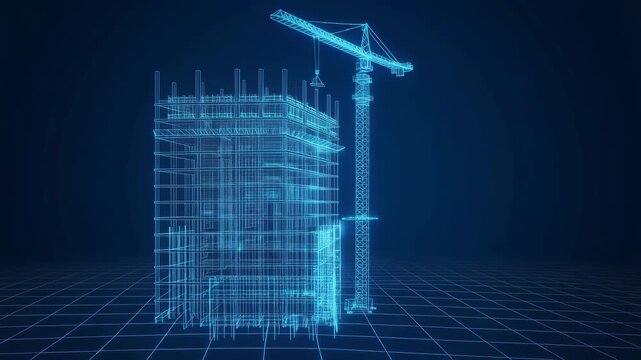 3D Blueprint of a Modern Skyscraper Under Construction with Crane