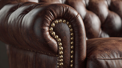 A detailed shot of a luxurious brown leather armchair with brass studs. The texture of the leather is visible, showcasing the craftsmanship