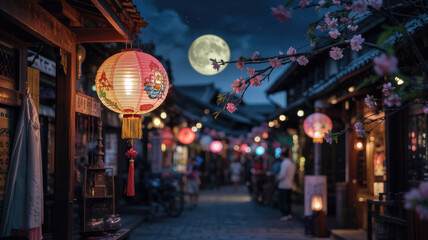 Obraz premium A beautiful full moon illuminates a traditional Asian street adorned with glowing lanterns and pink cherry blossoms creating a magical serene evening 