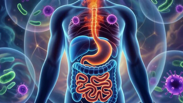 Futuristic human anatomy illustration showing body organs and microbes in a cosmic background