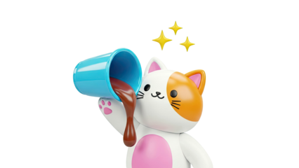 Cute 3D Cat Pouring Chocolate Milk from a Blue Cup