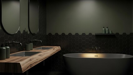 Modern dark bathroom with a freestanding bathtub and wooden vanity.