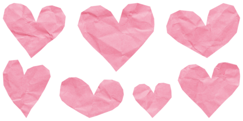 Heart set cut out of crumpled rose pink paper, isolated flat stickers for Valentine's Day design