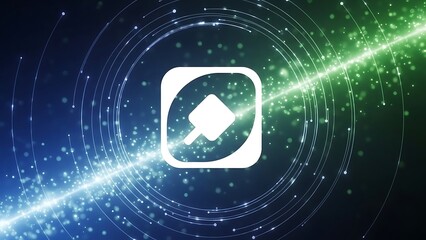 Abstract digital graphic with white play button icon on gradient background with light trails and particles