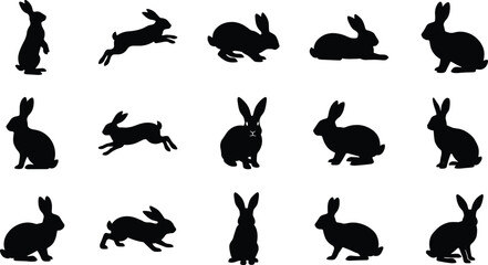 Rabbit silhouette collection showing various bunny poses including sitting, jumping, running, and resting, black animal vector illustrations isolated on white background for wildlife and pet concepts © Shahariar's World