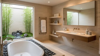 Modern spa bathroom with large window overlooking a serene bamboo garden and water feature.