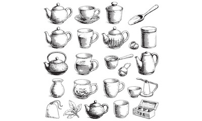 Vintage Tea and Coffee Set - Hand Drawn Teapot Cup Mug Collection Sketch Illustration