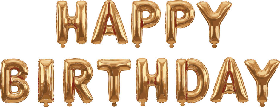 Realistic 3D Golden Foil Balloons Spelling Happy Birthday for Festive Party Decorations, Event Celebrations, Greeting Cards, and Digital Social Media Graphics