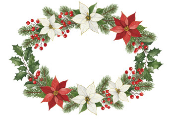 Intricate watercolor border featuring crimson poinsettia, green fir branches, and red winter berries, forming a lush, continuous garland frame on a transparent canvas. Concept for festive holiday