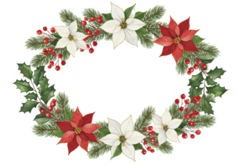 Intricate watercolor border featuring crimson poinsettia, green fir branches, and red winter berries, forming a lush, continuous garland frame on a transparent canvas. Concept for festive holiday