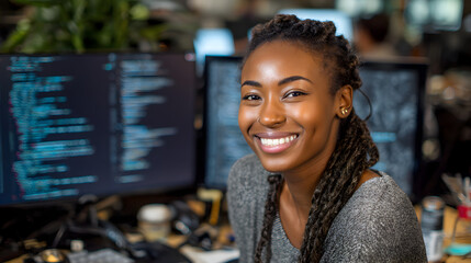 A smiling African American woman with braids sitting in front of computer monitors in a modern office setting.