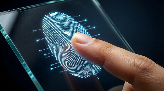 Fingerprint scan on futuristic interface - biometric authentication and cybersecurity concept