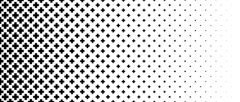 Fading cross shape gradient pattern. Abstract back and white plus sign gradation background. Geometric halftone wallpaper for graphic design, poster, medical banner. Vector transition patern bg