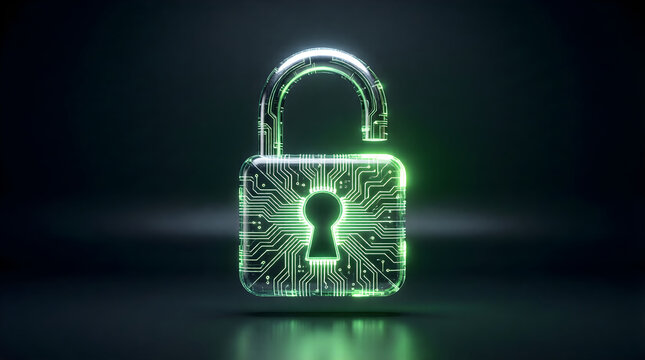 Cybersecurity unlocked padlock icon glowing green - access granted and successful authentication concept