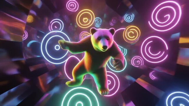 A polar bear dances amidst vibrant neon lights in a futuristic setting with swirling patterns.