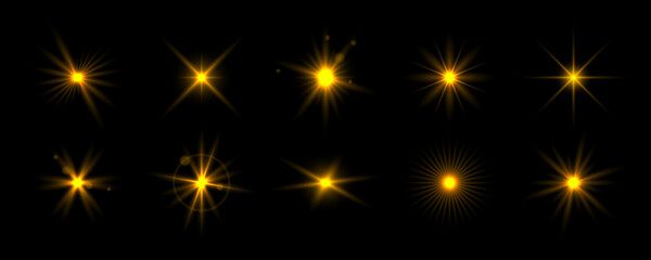 Golden glowing sparkle set. Magical gold stars, twinkles and sparks glowing pack. Shining light flare effect collection. Radiant sun beam burst bundle. Starlight rays radiance sun elements. Vector
