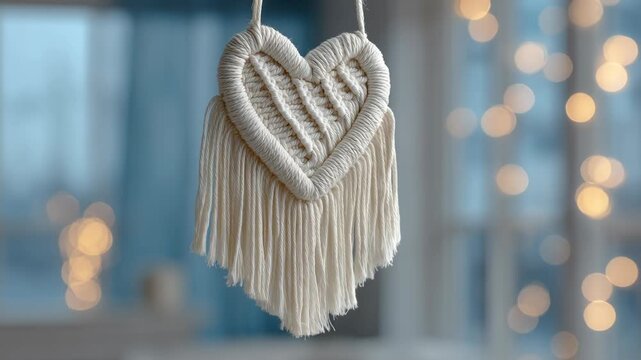 valentine in cozy theme. Macrame heart decoration with soft background.