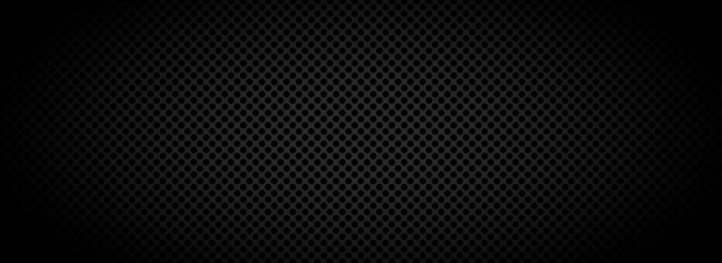 Obraz premium Black geometric perforated texture background. Abstract tech pattern. Technical circle grid design wallpaper. Vector illustration isolation concept. Dark grey round hole cover backdrop