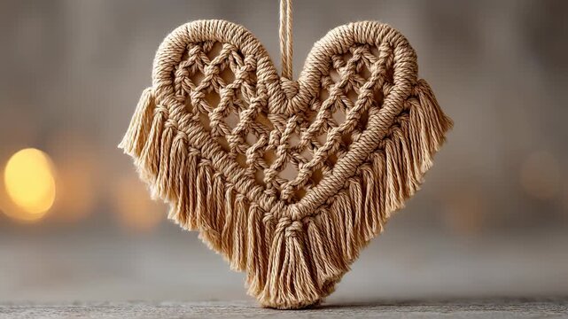 valentine in cozy theme. Macrame heart decoration with soft lighting.