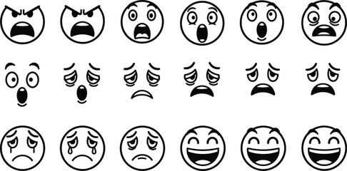 Black outline emoji faces set showing angry surprised sad happy emotions, simple cartoon expression icons collection for apps stickers web design