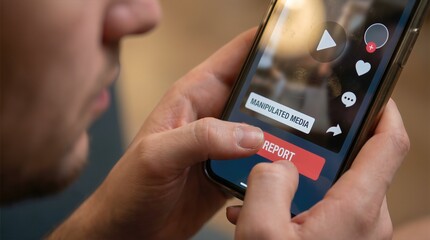 Individual using smartphone to report manipulated media, highlighting concerns about deepfake identity theft and digital misinformation in a modern social media context