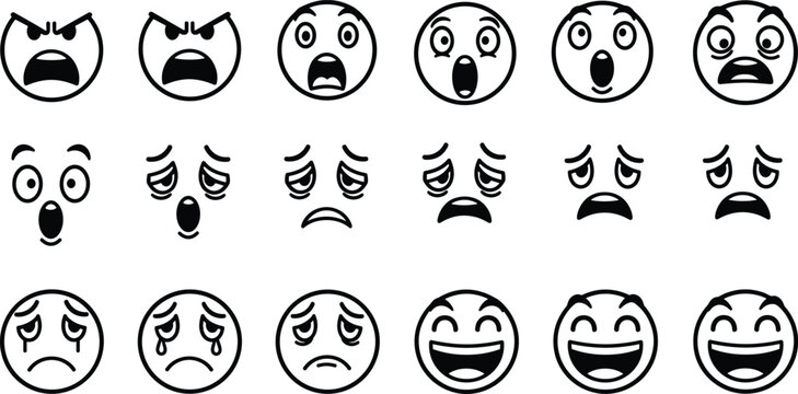 Black outline emoji faces set showing angry surprised sad happy emotions, simple cartoon expression icons collection for apps stickers web design