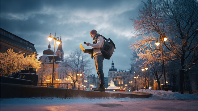 Digital nomad traveling with backpack in urban winter cityscape, using smartphone and laptop, photorealistic, January 2026. - Powered by Adobe