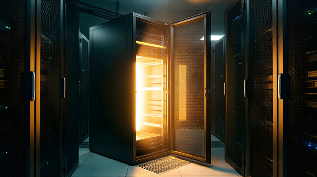 Open server rack with glowing light in dark data center - cybersecurity vulnerability concept - Powered by Adobe