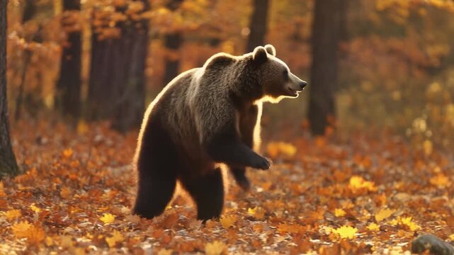 A brown bear dances in an autumn forest with orange leaves on the ground.